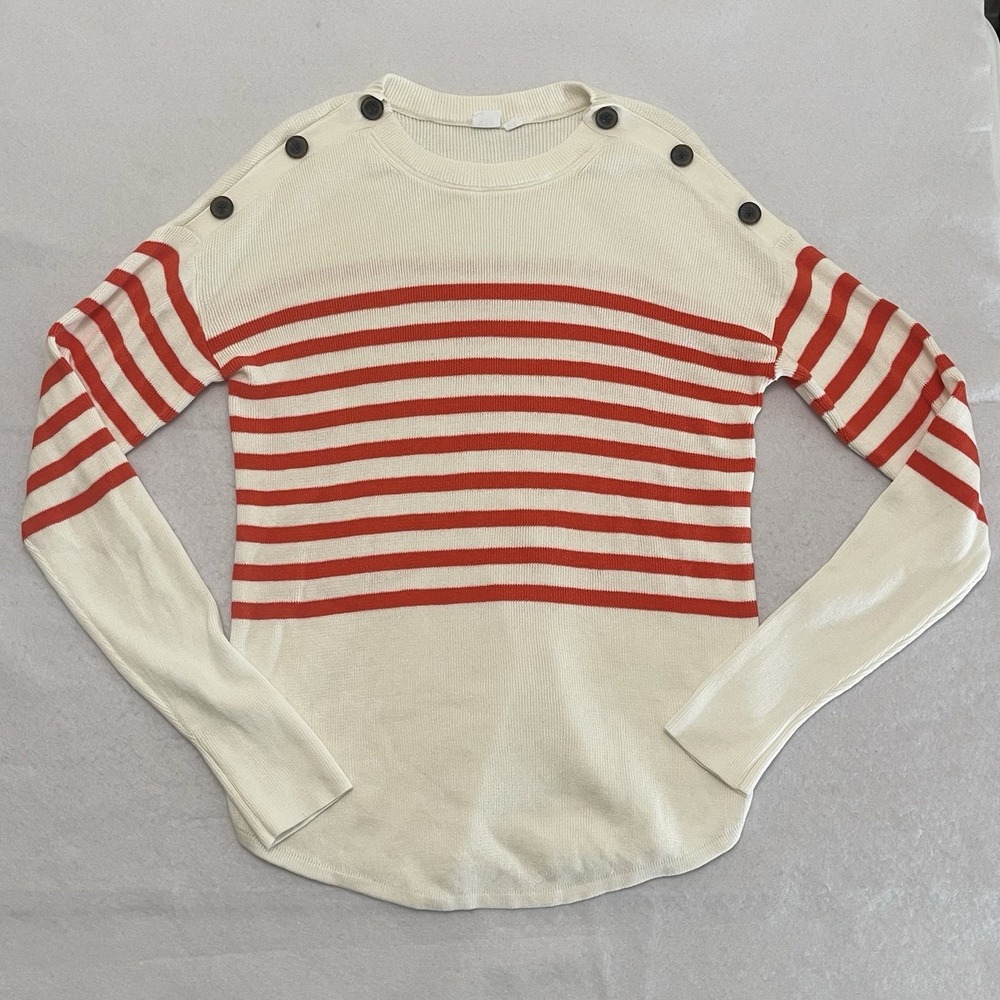 GAP Women's Small Tall Cream Orange Stripe Button Shoulder Knit Sweater